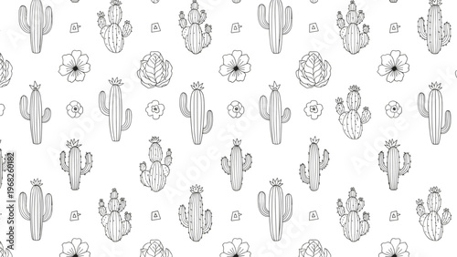 Minimalist black and white seamless pattern displays various types of cacti, succulent plants, and delicate flowers on a white background.
