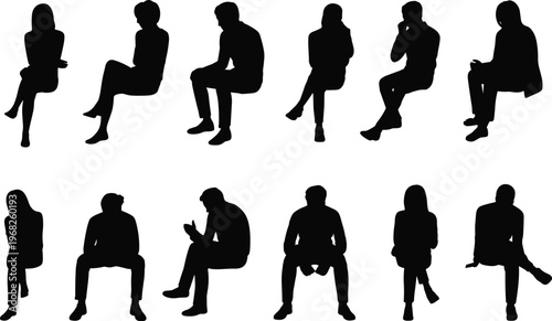 Twelve black silhouettes of seated people in various sitting poses, minimalist outline design for posture, lifestyle, and illustration concepts