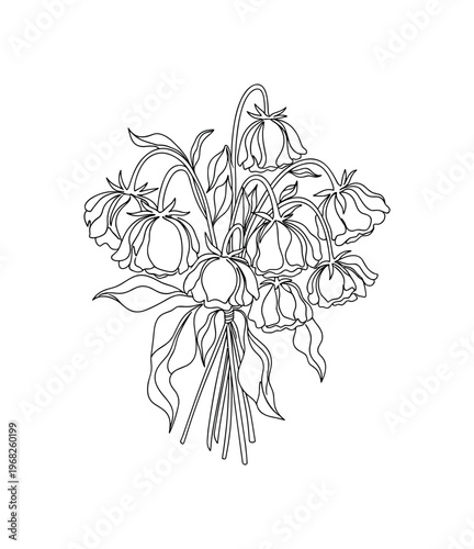 Wilted Bouquet. Minimalistic one-line drawing cluster of drooping flowers in soft arrangement, continuous single black line on white background, simple outline