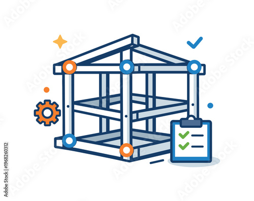 Construction progress stage depicted by a modular building frame with highlighted joints and connection points. A modern metaphor for coordination, systems