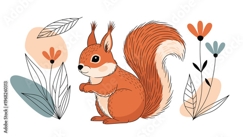 Cute ginger squirrel sits calmly surrounded by stylized flowers and leaves with abstract shapes in a modern and clean illustration style.