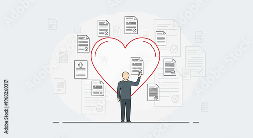 Man Touching Heart Surrounded by Documents - Concept of Health, Love, and Paperwork