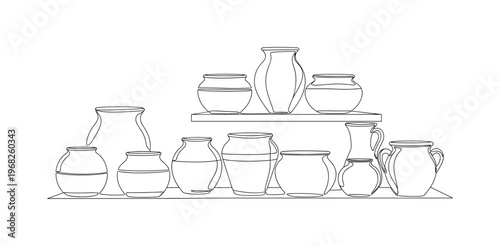 Ceramic Pot Arrangement. Minimalistic one-line drawing collection of ceramic pots displayed on table or shelf, continuous single black line on white