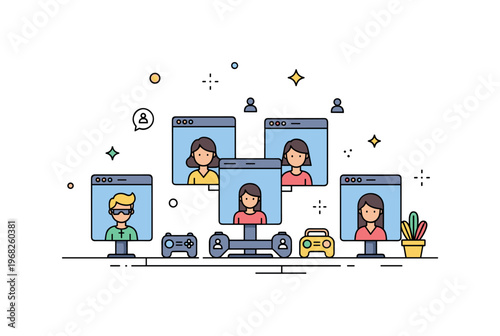 Digital avatars online gaming lobby scene where players? avatars are displayed in a multiplayer lobby while tiny sparkle and star icons highlight community,