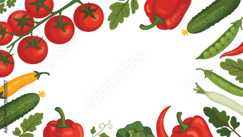 Border made of fresh vegetables including cherry tomatoes on the vine, red peppers, cucumbers, and pea pods surrounds a white empty center.