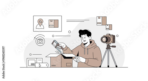 Man Unboxing Package with Camera for Review Video, E-commerce and Content Creation