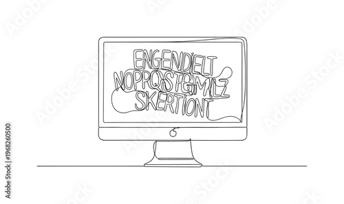Digital Typography Exploration. Minimalistic one-line drawing computer screen showing creative text and font layout, continuous single black line on white