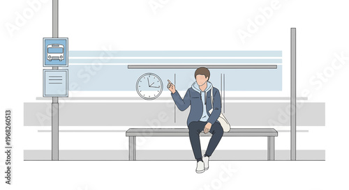 Man Waiting at Bus Stop, Checking Time on Watch, Urban Commute