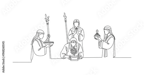 Ancient Tradition. Minimalistic one-line drawing figures holding ceremonial items in ritual setting, continuous single black line on white background, simple