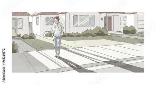 Man Walking Away from Suburban House into Sunlight and Shadows