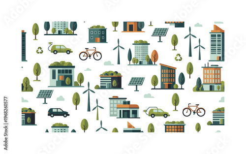 urban sustainability motifs seamless pattern, repeating pattern, surface design, textile print, modern illustration of green rooftops, eco-buildings, bicycles,