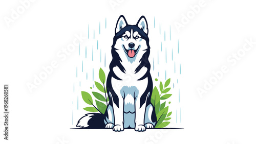 Loyal husky dog sitting patiently in the rain with green leaves in the background in a clean and simple vector illustration.
