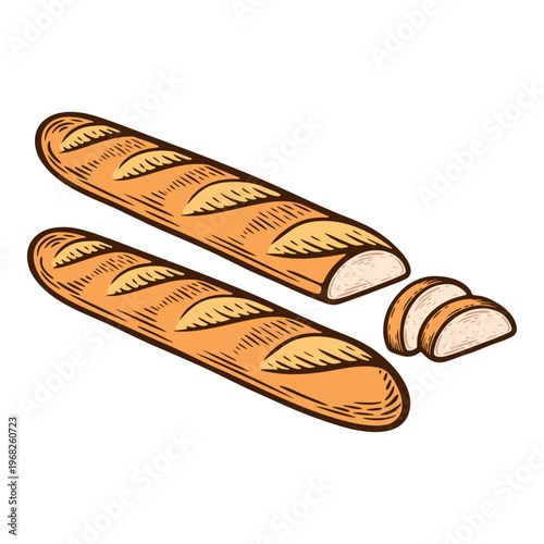 Loaf collection, long french bread: whole and sliced, colourful, hand-drawn illustration, line art contour, isolated