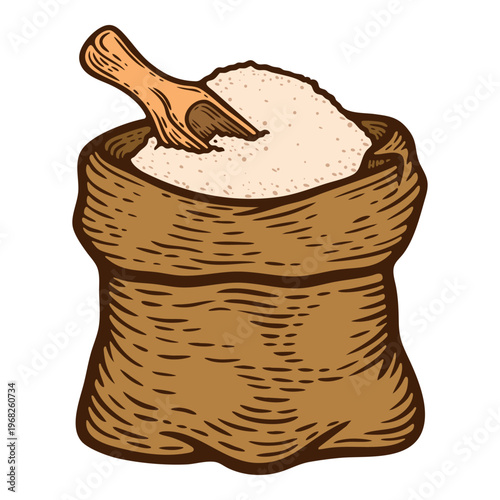 Sack full of flour or sugar, with a scoop, burlap bag, colourful, hand-drawn illustration, line art contour, isolated