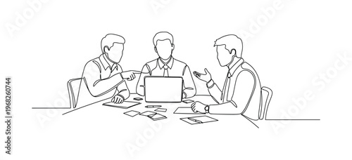 Strategy Meeting. Minimalistic one-line drawing people discussing plans around table with laptop and notes, continuous single black line on white background,