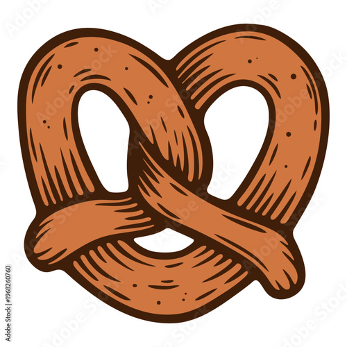 Pretzel knot, carnival food, salty german bun, colourful, hand-drawn illustration, line art contour, isolated