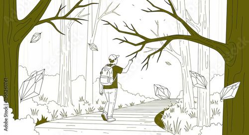 Man Walking on Forest Path with Floating Crystals and Falling Leaves