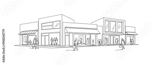 Modern Shopping Street. Minimalistic one-line drawing shops with window displays and pedestrians passing, continuous single black line on white background,