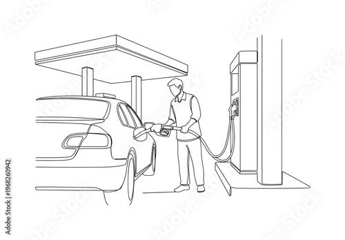 Filling Up Gas at a Station. Minimalistic one-line drawing person holding fuel nozzle filling car at gas station, continuous single black line on white