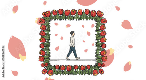 Man Walking Through Floral Frame with Falling Petals