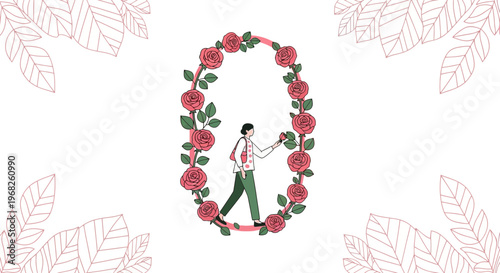 Man Walking Through Floral Frame, Romantic Rose Circle, Elegant Botanical Illustration