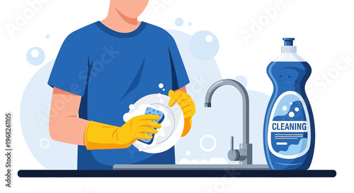 Man Washing Dishes with Yellow Gloves, Dish Soap Bottle by Sink