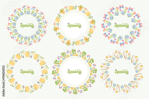 Six circular wreath designs with gardening motifs watering cans, gloves, birdhouses, shovels, pruners, plants, and flowers surrounding Happy Spring in decorative green script, cheerful seasonal set