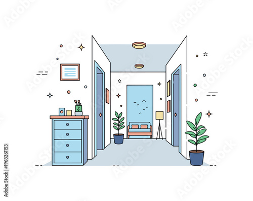 Quiet apartment hallway scene where a narrow corridor with soft lighting conveys calm and quiet ambiance while small sparkle and line icons emphasize