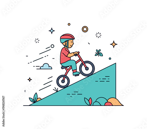 Tricycle ride hill descent scene where a toddler carefully pedals downhill while tiny sparkle and line icons highlight motion, skill, and cautious play. The