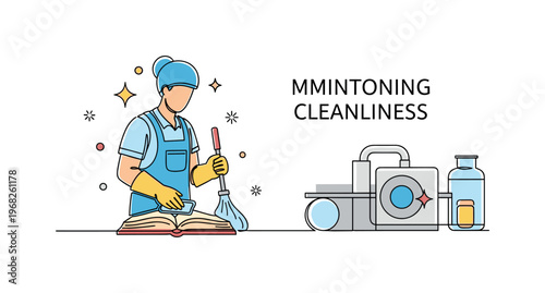 Maintaining Cleanliness. Minimalistic one-line drawing industrial cleaning staff performing sanitation in factory environment, continuous single black line on