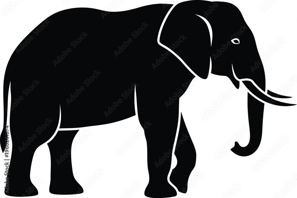 Fototapeta premium Silhouette of a walking elephant with tusks and trunk vector illustration