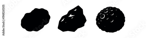 Asteroid silhouettes icon set. meteorite, meteoroid, space rock, debris, cosmic body. black shapes, solid, silhouette. flat vector illustration isolated on white background.