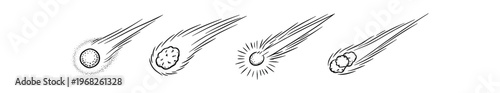 Hand drawn comet icon set. meteor, asteroid, shooting star, sketch, doodle, space debris. line and flat vector illustration.