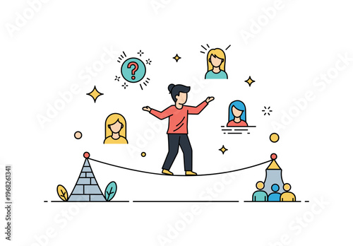 Emotional risks risk-taking scenario where a person balances on a symbolic tightrope while small sparkle and line icons emphasize uncertainty, bravery, and