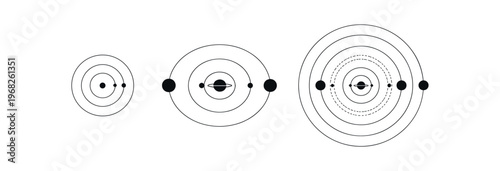 Planetary orbit diagrams icon set. solar system, planets, orbital paths, concentric rings, celestial mechanics. orbits, planets, moons, astronomy, schematic. line and flat vector icon set.