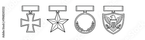 Military medals and shield line icon set. cross medal, star medal, round laurel medal, eagle shield badge outlined. awards, honors, insignia, ribbon, heraldry. line and flat vector illustration.