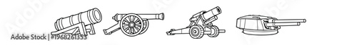 Cannon icon set. field gun, naval turret, mortar, howitzer, artillery pieces, historic ordnance. outline, line art, technical and schematic. line and flat vector illustration.