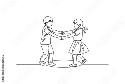 Child Siblings. Minimalistic one-line drawing brother and sister holding hands and spinning, continuous single black line on white background, simple outline
