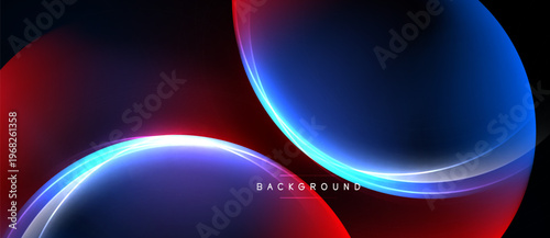 Abstract design features flowing curves, vibrant red, blue hues. Dark background emphasizes luminous shapes, creating dynamic visual effect.