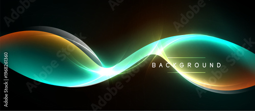 Abstract flowing lines create luminous shapes against dark backdrop. Bright colors blend, forming dynamic visual effect. Modern design element.