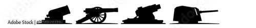 Cannon icon set. artillery, cannon, gun, howitzer, naval gun, fortress, battlefield. weapon, armament, defense, war, silhouette, historical, antique. flat vector illustration.