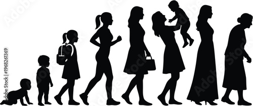 Woman life stages silhouettes from baby to elderly, growth and aging concept, female evolution timeline, motherhood and life cycle black vector illustration isolated