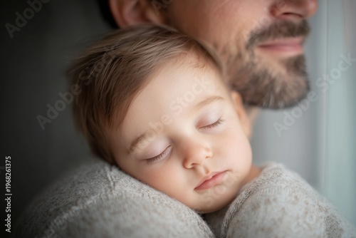 Sleeping baby resting head on father shoulder. Soft window light illuminates an intimate moment. Close-up of a tender scene