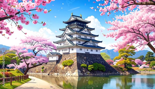 A Japanese castle with white walls, blue roof tiles, set against a bright sky, surrounded by vibrant pink cherry blossoms