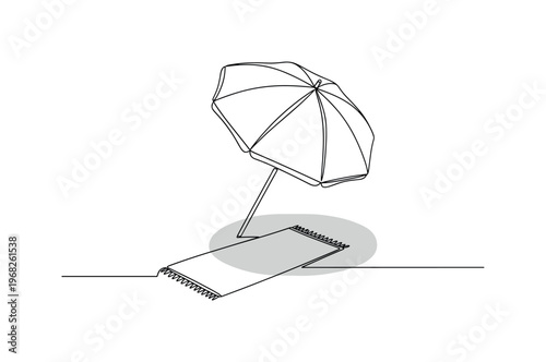 Sunny Beach Umbrella. Minimalistic one-line drawing open umbrella shading a beach towel, continuous single black line on white background, simple outline