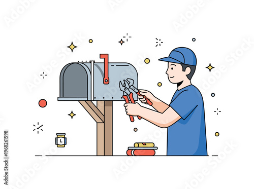 Replacing the mailbox precision installation concept where a homeowner uses tools to align a mailbox while tiny sparkle and star icons highlight accuracy,