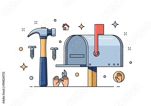 Replacing the mailbox DIY tools concept where a hammer, screws, and mailbox are laid out while tiny sparkle and star icons highlight preparation, hands-on