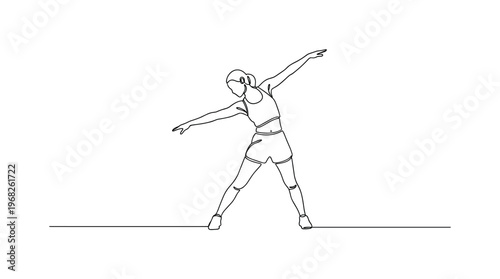 Movement Prep. Minimalistic one-line drawing person performing dynamic stretches for cardio session, continuous single black line on white background, simple