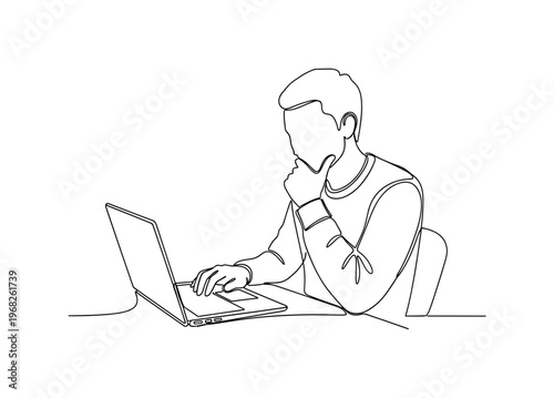 Writer at Desk. Minimalistic one-line drawing individual typing and thinking, continuous single black line on white background, simple outline style, no
