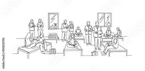 Relief and Safety Center. Minimalistic one-line drawing evacuees and volunteers inside shelter, continuous single black line on white background, simple